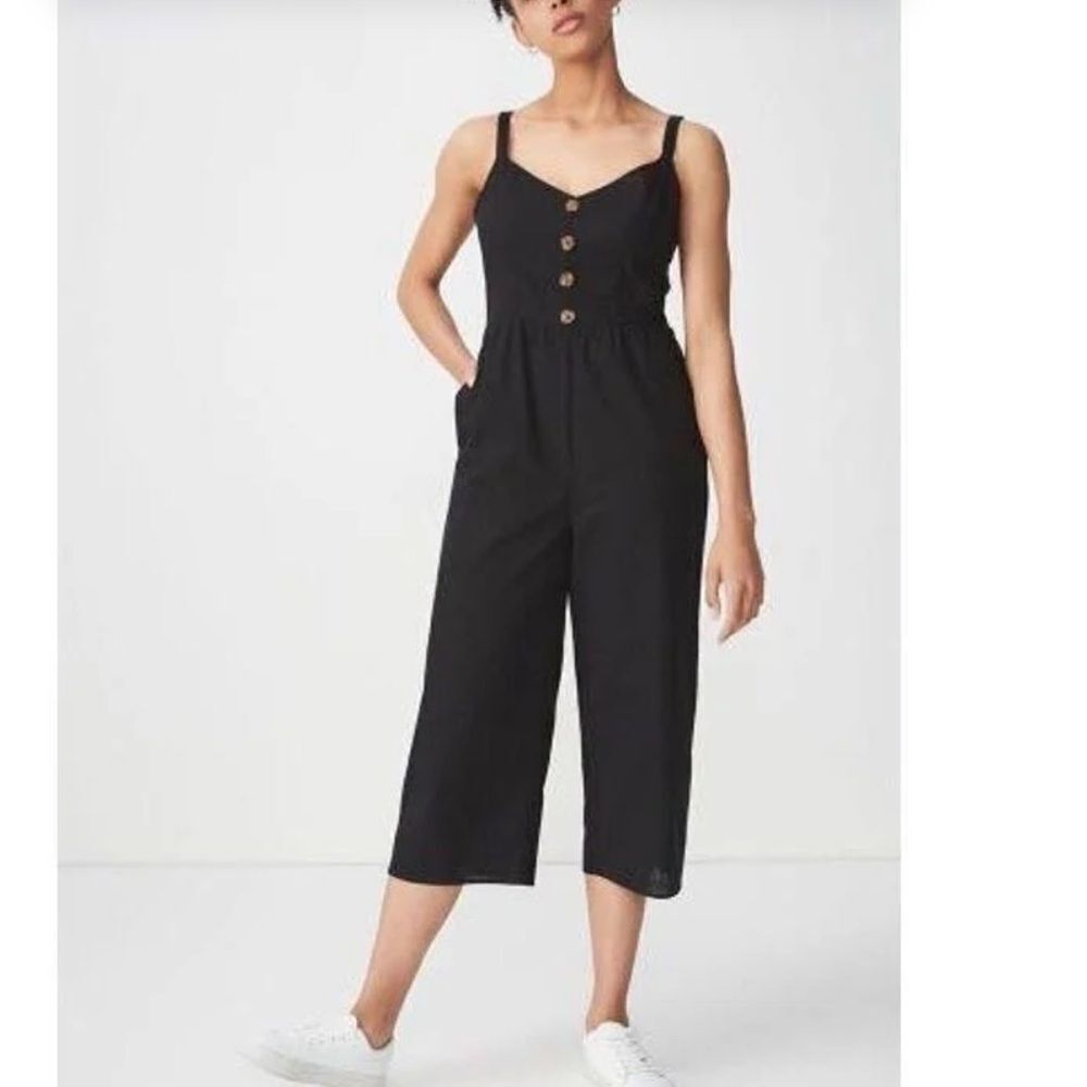 Justify Black Button-Front Cropped Jumpsuit Sz Med